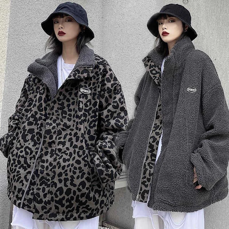 Leopard Print Women Fleece Jackets Motorcycle Jacket Faux Lamb Fur Kawaii Coat Teddy Fur Coat Fleece Parkas Cropped Stripeed