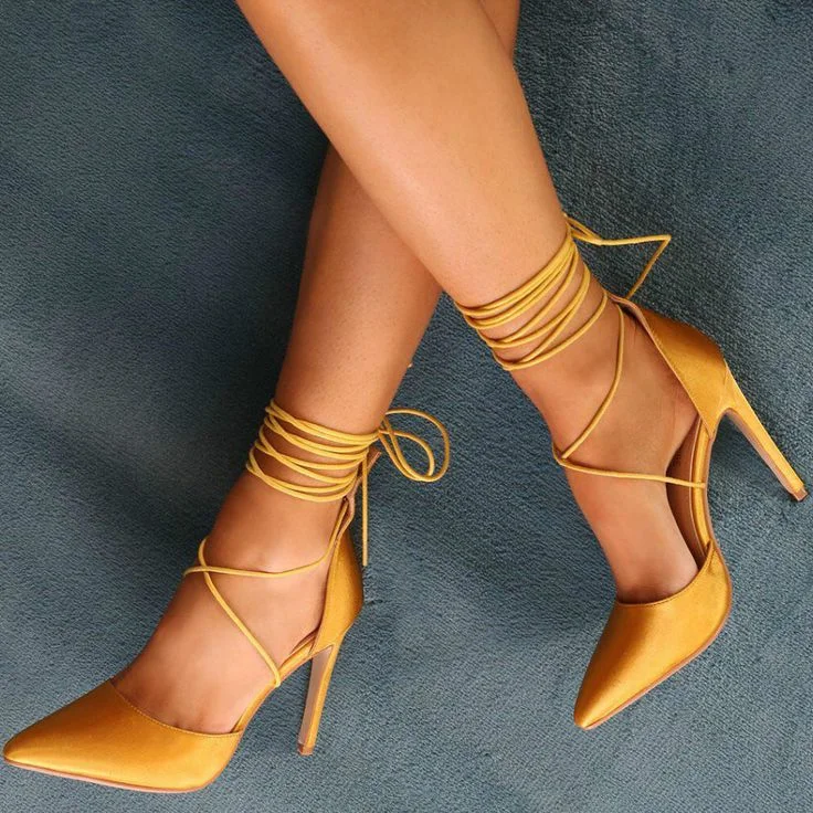 Mustard Satin Pointy Toe Ankle Wrap Stiletto Heel Strappy Pumps Vdcoo