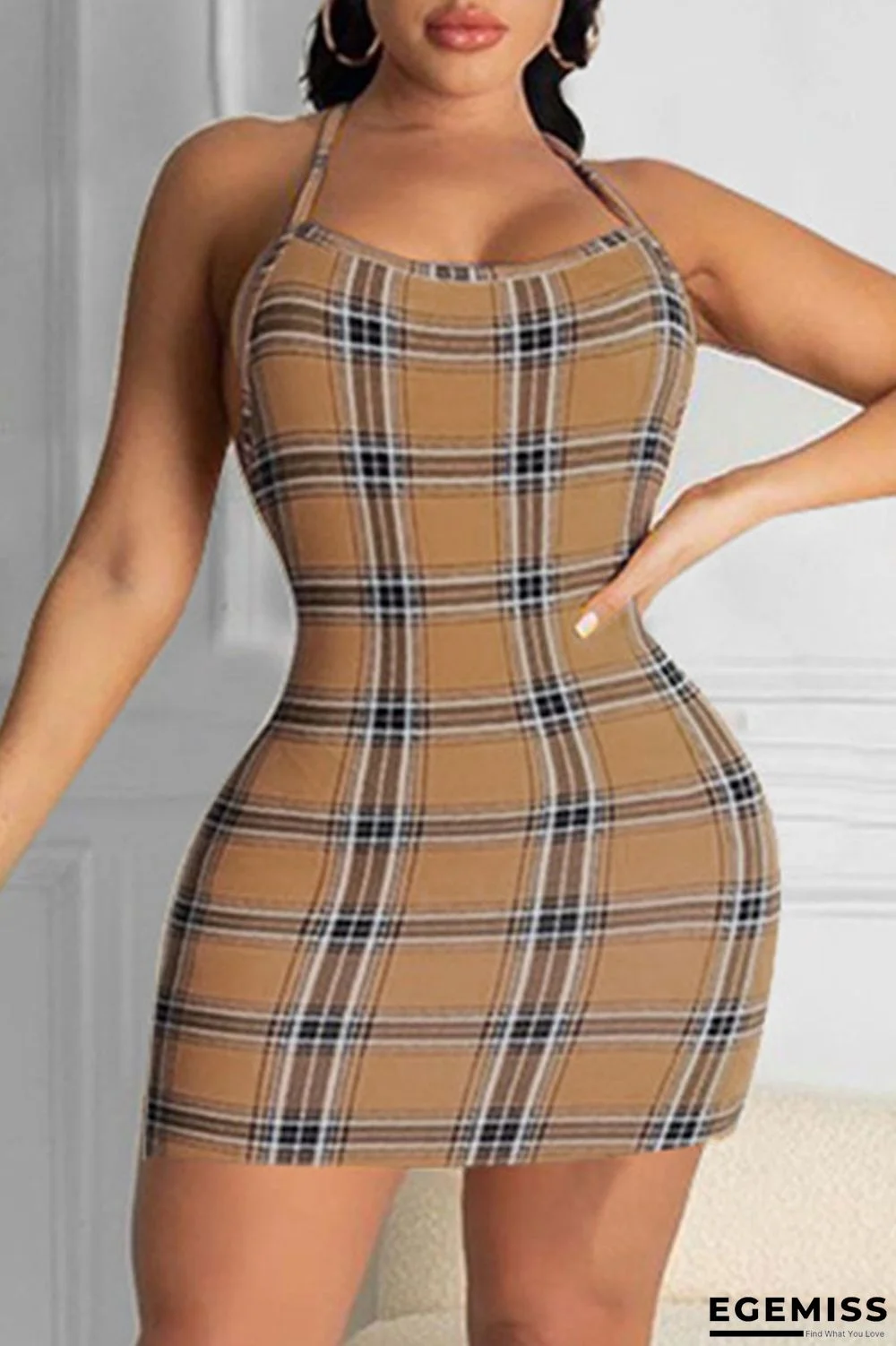 Brown Sexy Plaid Striped Print Patchwork Spaghetti Strap Pencil Skirt Dresses | EGEMISS