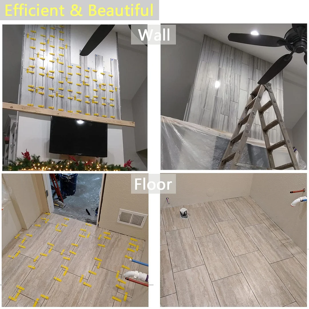 مجموعة نظام تسوية البلاط مع زرادية واحدة للبلاط، و200 قطعة من مشابك فواصل البلاط مقاس 2 مم و100 قطعة من إسفين مستوى البلاط القابل لإعادة الاستخدام