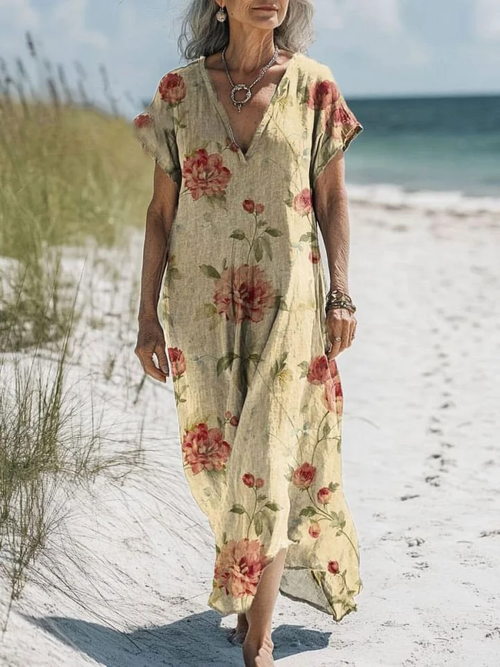 Women's Vintage Lovely Floral Art Print Pocket Cotton Dress