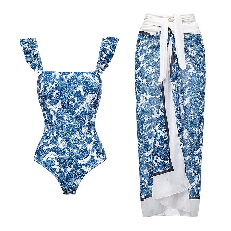 Flaxmaker Blue Dragonfly Printed One Piece Swimsuit and Sarong