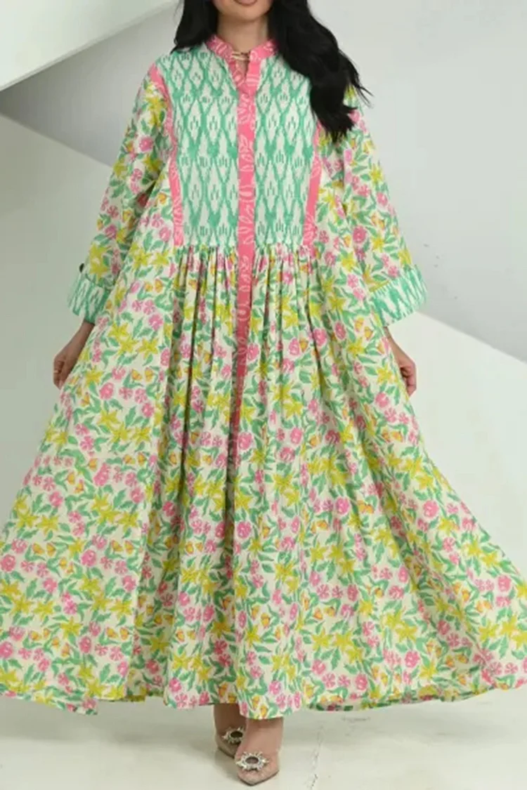 Colorblock Floral Print Stand Collar Long Sleeve Pleated Oversized Maxi Dresses