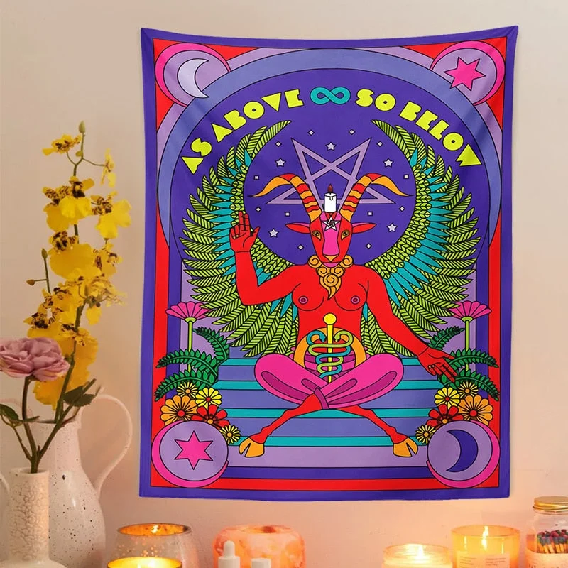 Tarot Baphomet Tapestry Wall Hanging religion Divination Witchcraft Wall Hanging Throw Blanket Mat Sun Moon Wall Decor INS Print