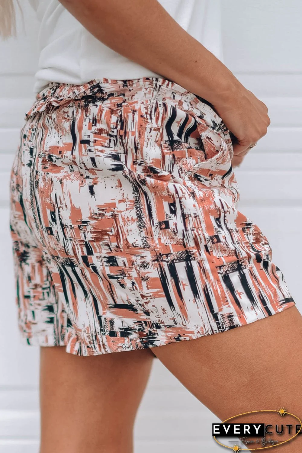 Multicolor Dazzling Print Ruffle Trim Drawstring Shorts