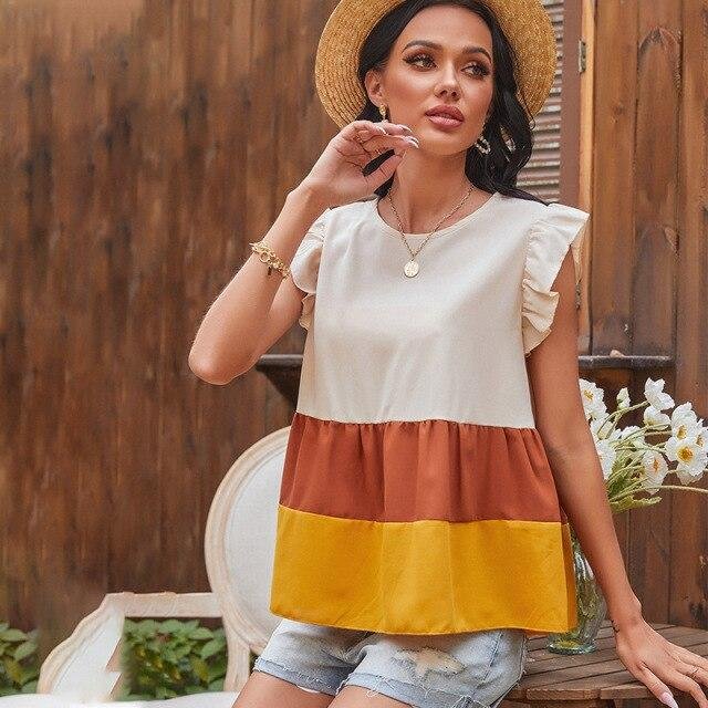 Summer Women Casual Color-block Blouse Shirts V Neck Ruffles Sleeveless Cotton Shirts Fashion Female Striped Tops Blusas - Shop Trendy Women's Fashion | TeeYours