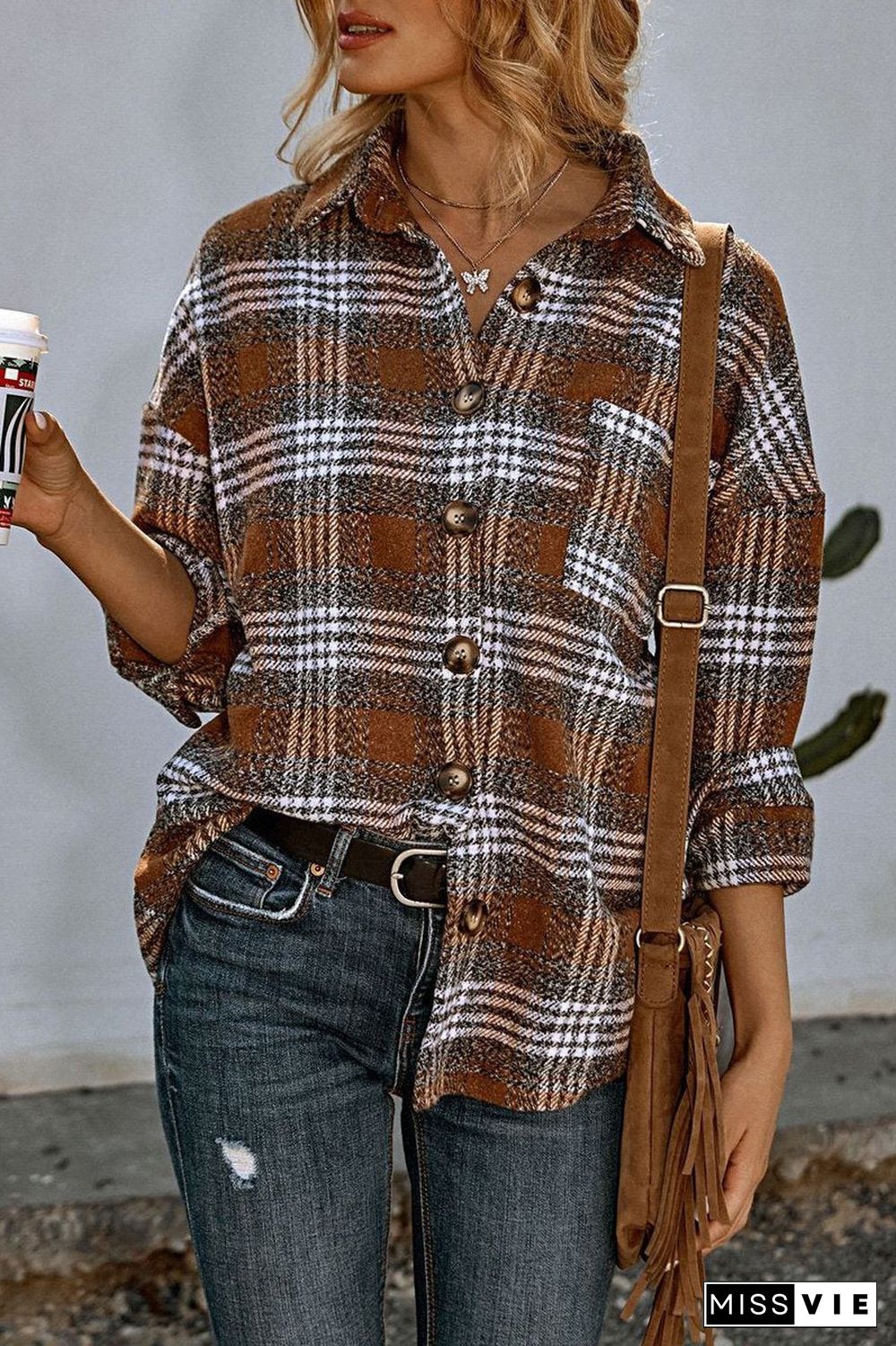 Casual Plaid Print Long Sleeve Coat