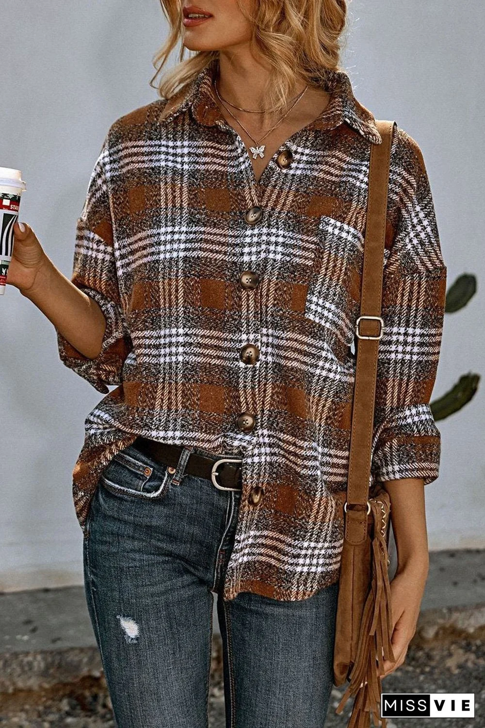 Casual Plaid Print Long Sleeve Coat