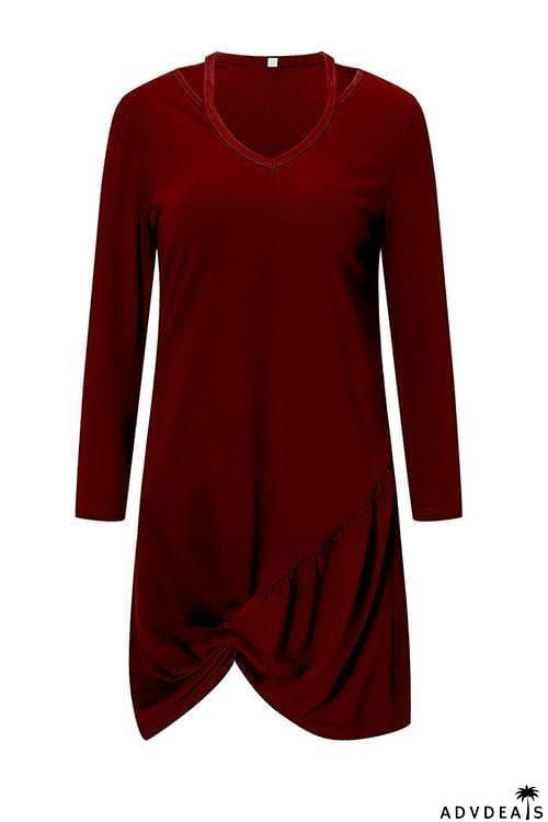 Knot V Neck Long Sleeve Mini Dress