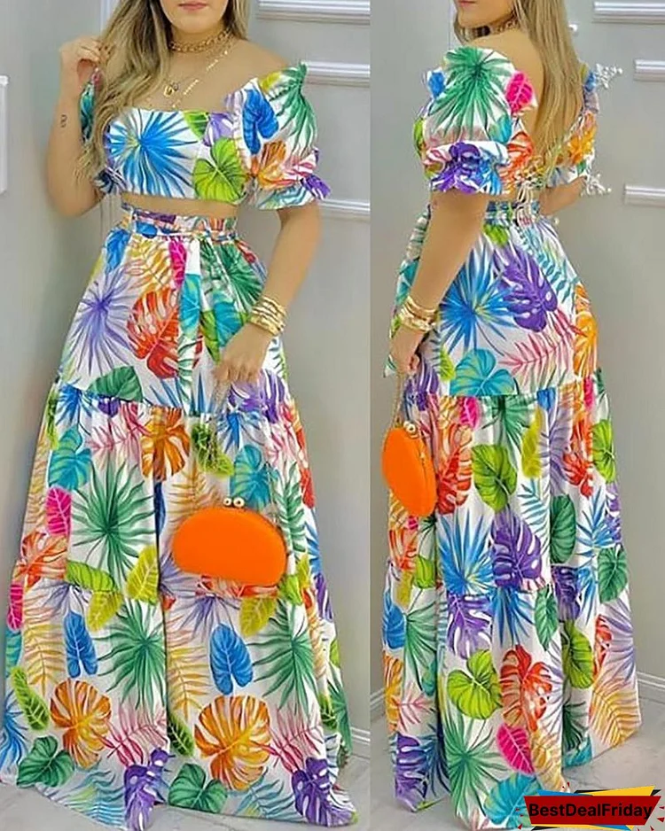 Tropical Print Off Shoulder Maxi Top & Skirt Set P6503033728