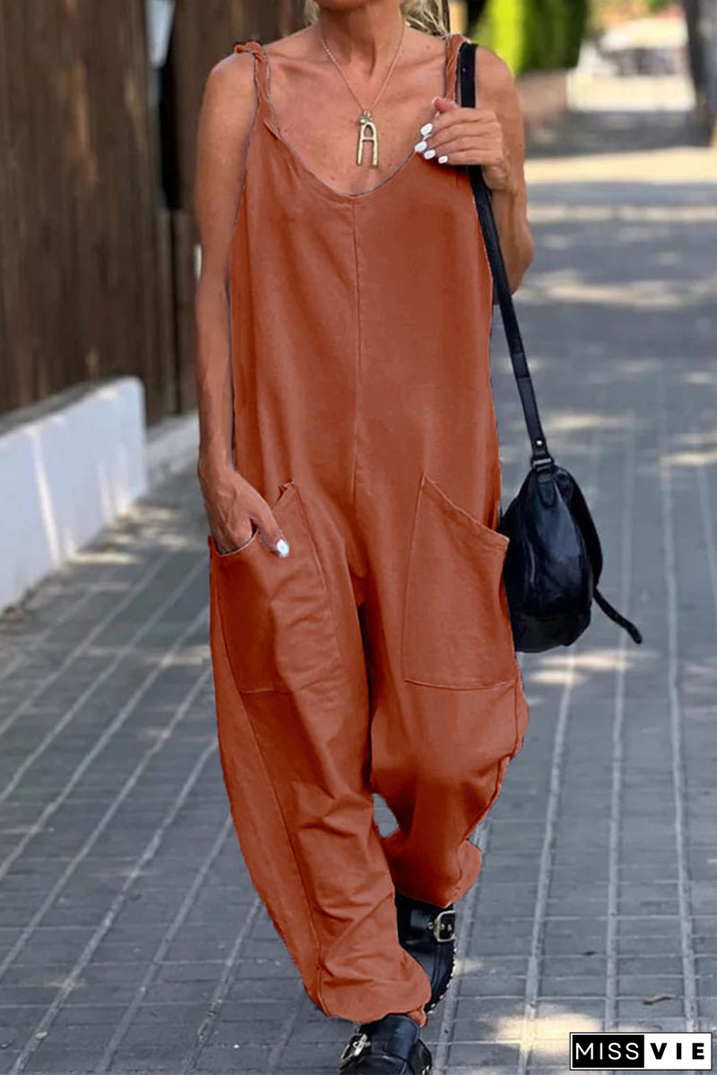 Casual Simplicity Solid Pocket U Neck Loose Jumpsuits(12 Colors)