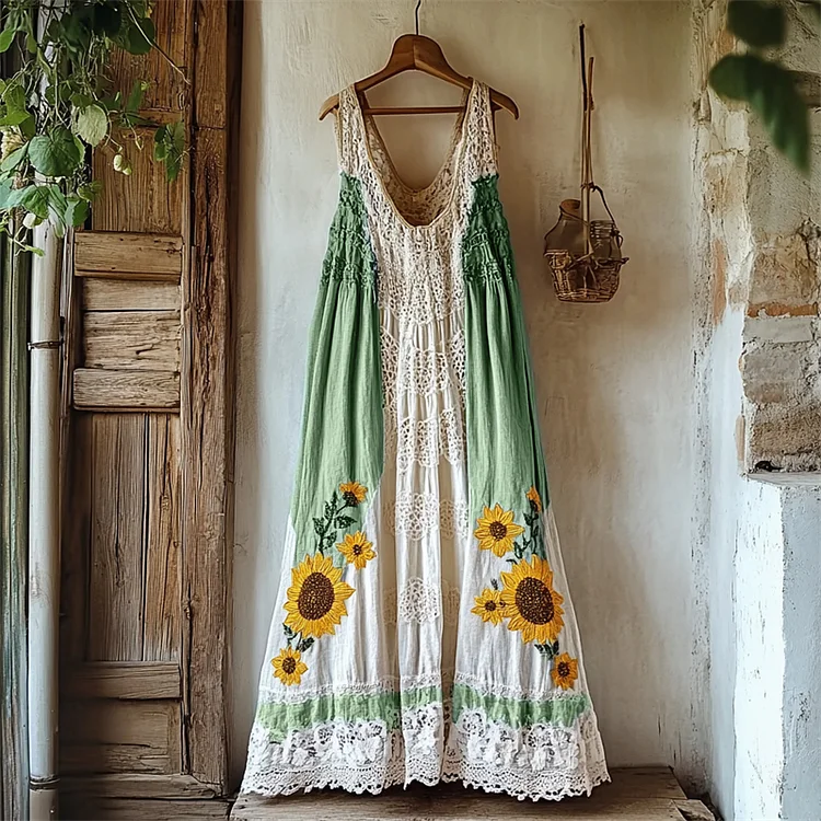 VChics Boho Sunflowers Embroidered Gradient Lace Patchwork Linen Dress