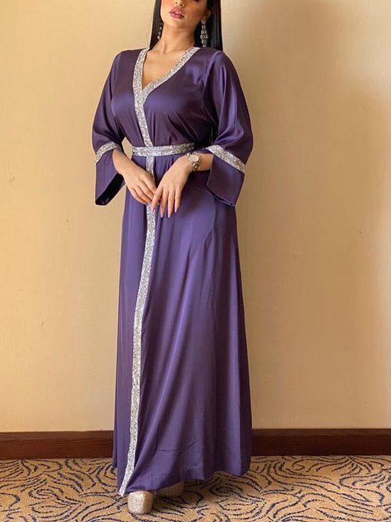 V neck purple loose kafan dress