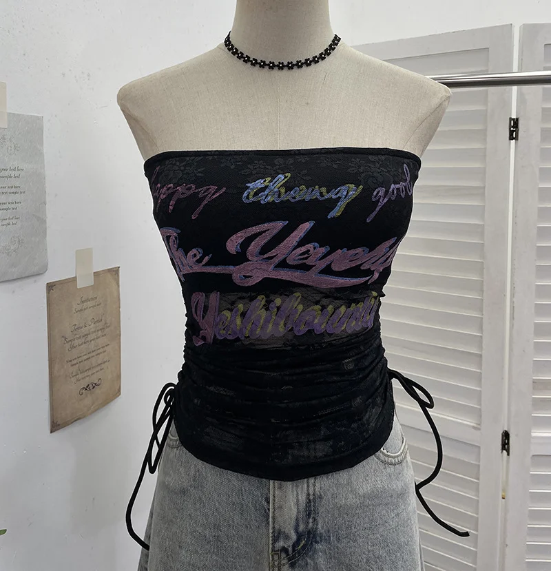 Nigikala Nigikala Shot With Chest Pad Lace Lace Hollow Hottie Breast Drawstring Thin Brat Waistcoat Sleeveless Top 12111