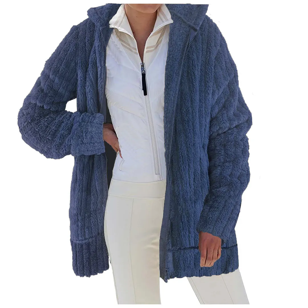 Churchf Churchf Autumn / Winter Warm Plush Pure Color Zipper Pocket Hooded Loose Coat Female
