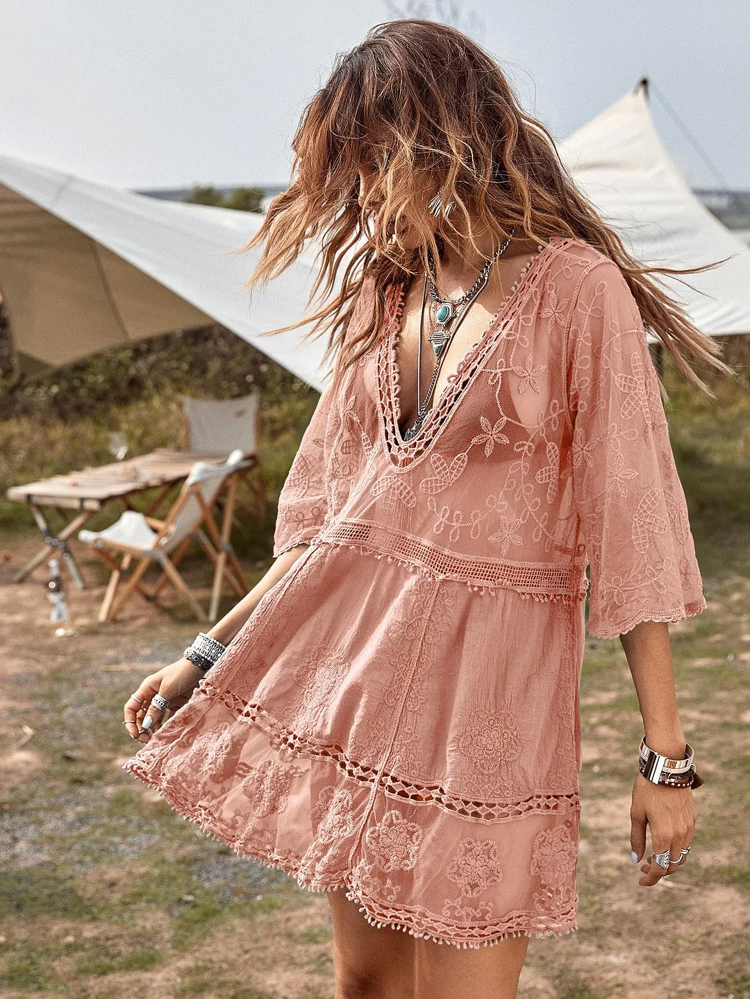 B2prity Women's Contrast Lace Bathing Suit Cover Up V-Neck Swimsuit Coverups Loose Swimwear Beach Dress Beachwear