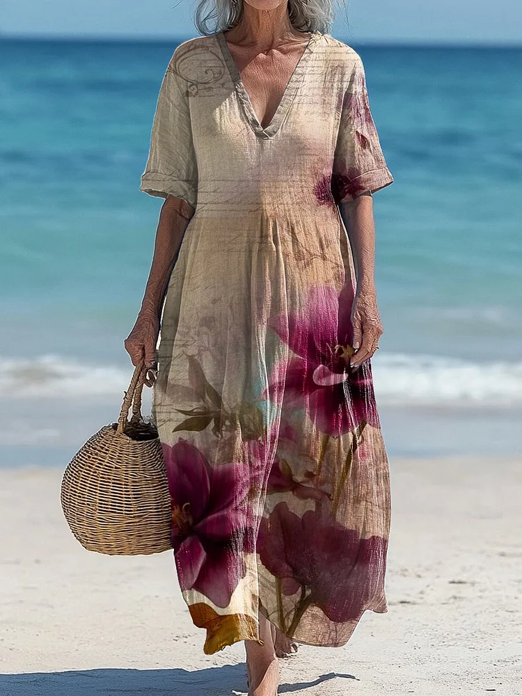 Vintage V-Neck Floral Art Print Elegant And Chic Loose Midi Dress