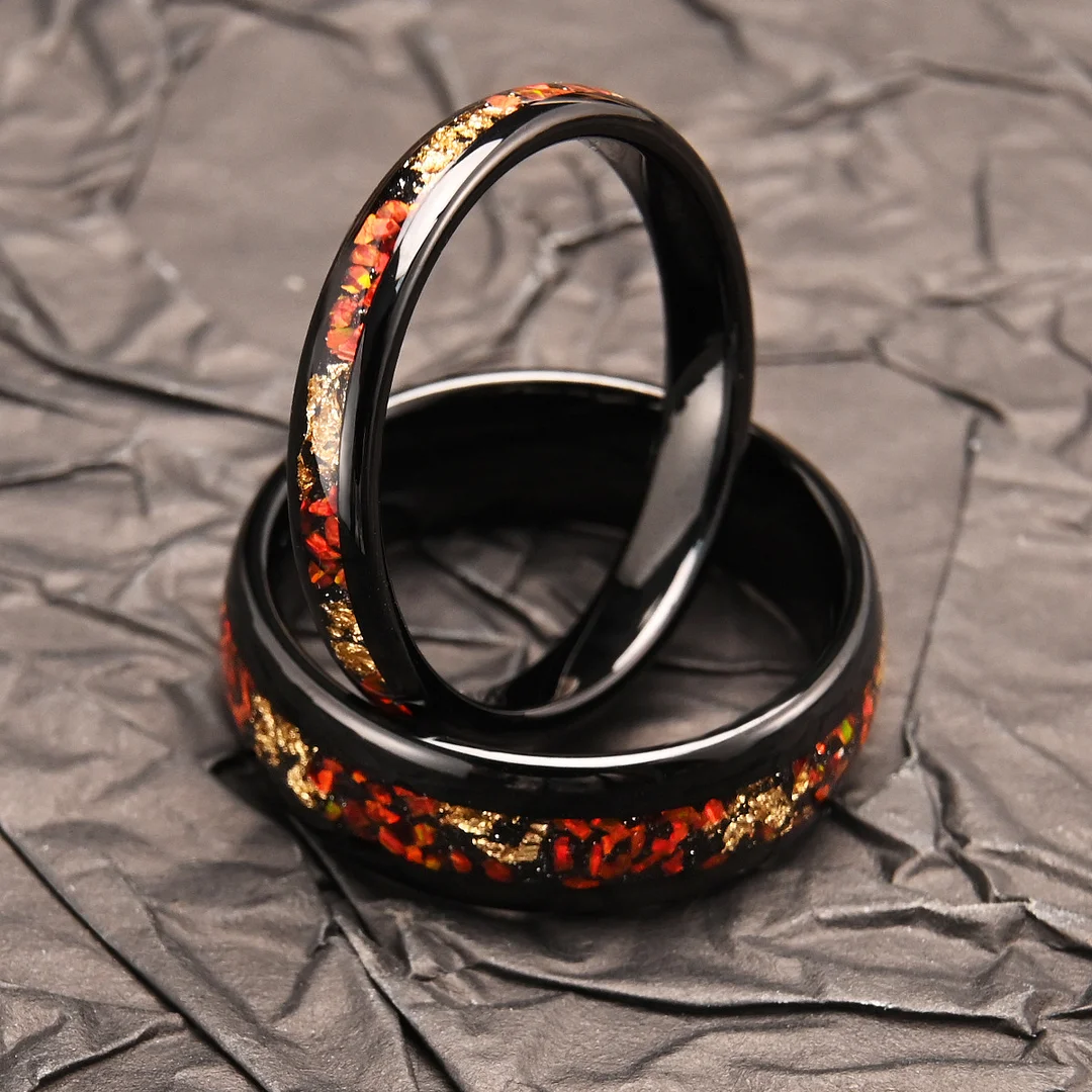 8MM Electroplated Black Tungsten Carbide Rings with Red Opal Foil Wedding Bands For Women and Men