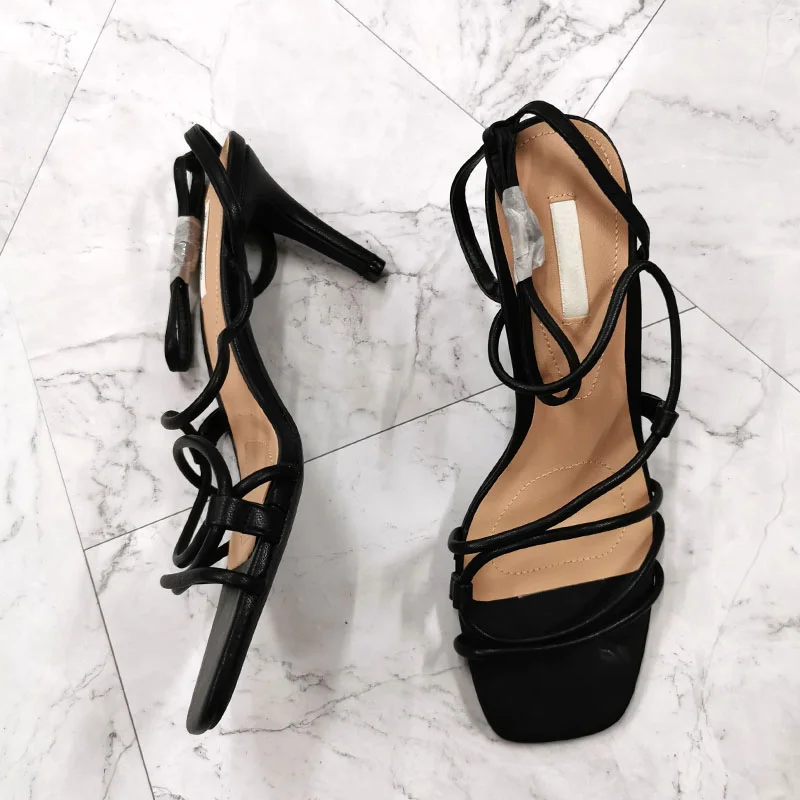 Qengg New Woman Summer Sandals High Heels Thin Heels Back Strap Sandals Women's Lace Up Ladies Summer Shoes De Mujer Verano