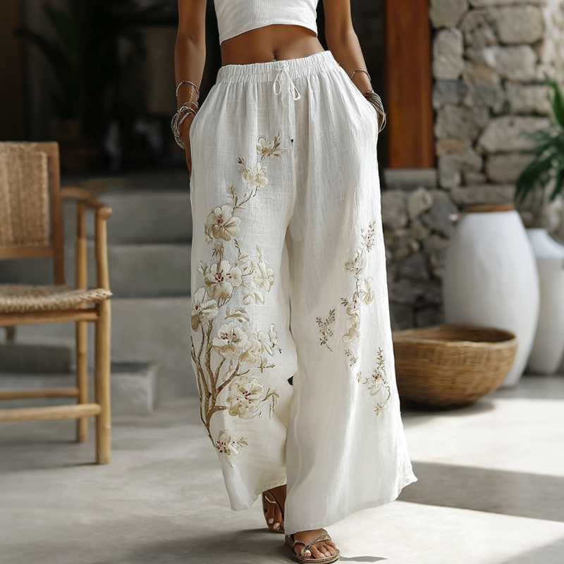 Vintage Japanese Floral Art Embroidered Pattern Linen Pants elevenforest