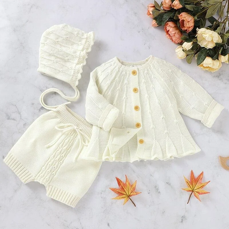 New 2020 Spring Autumn Infant Baby Girls Pure Color Cardigan Coat + Pants+ Hat Clothing Sets Kids Suit Girl Knit Sets Clothes