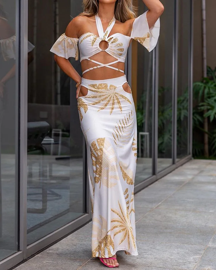 Halter Flare Sleeve Top Skirt Print Two Piece Set