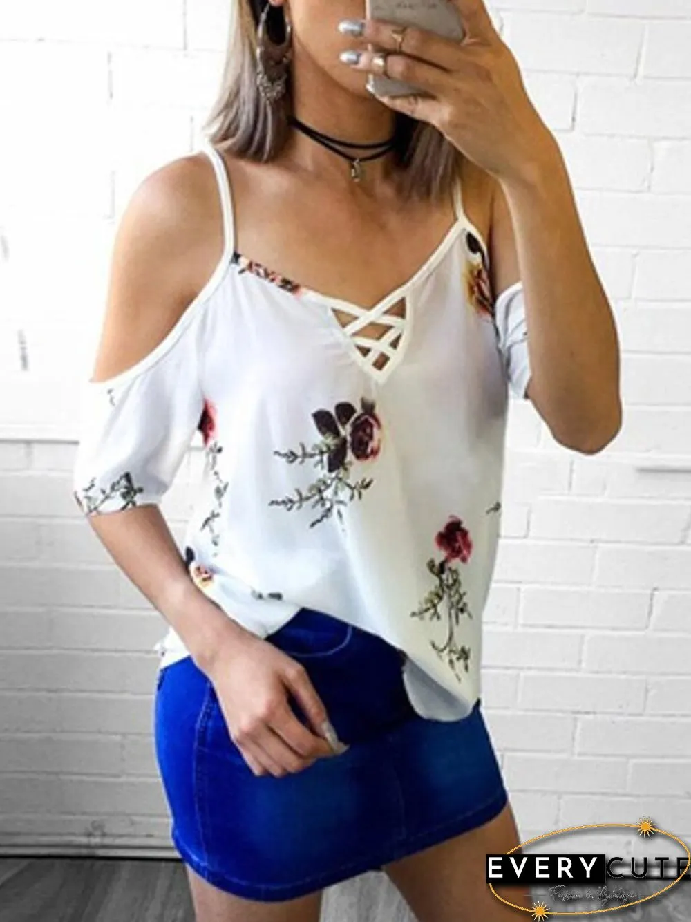 Cold Shoulder Straps Short Sleeves Floral T-Shirt Top
