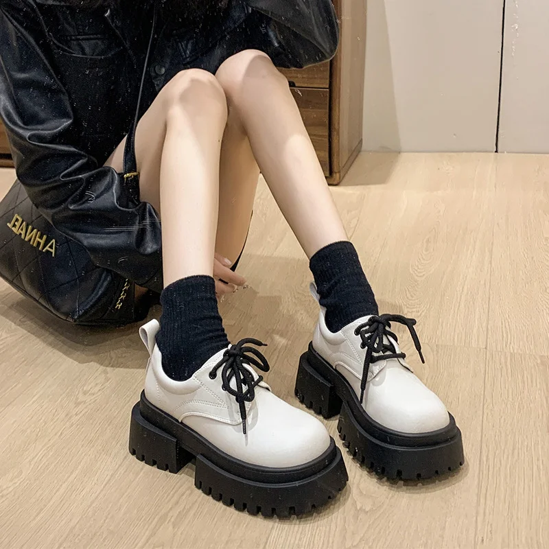 Yyvonne Women's Shoes Spring And Autumn High-End Thick-Skin Thick-Heeled Small Leather Shoes Ladies Light Mouth Retro Lace With Skirts Women's Fashion Single Shoes