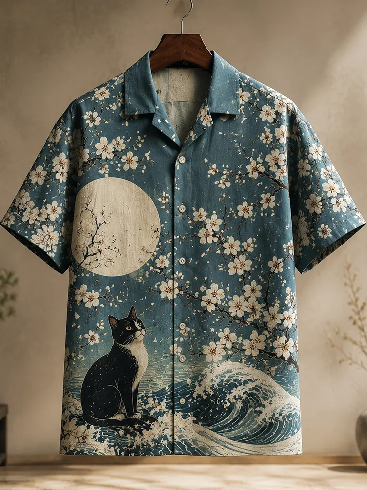 Men's Vintage Blue Full Moon, Cherry Blossom & Black Cat Print Camp Shirt  artssus