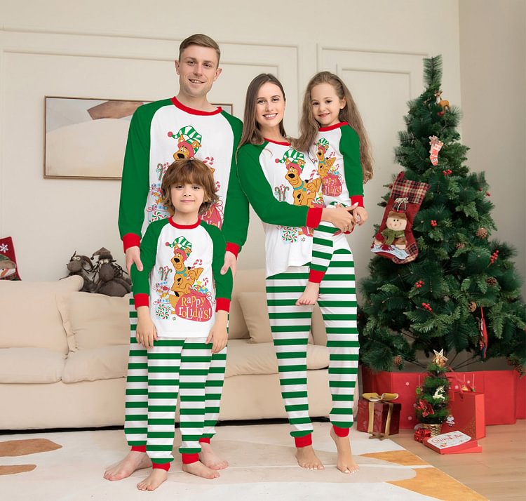 Cartoon Puppy Green Striped Print Christmas Family Pajamas
