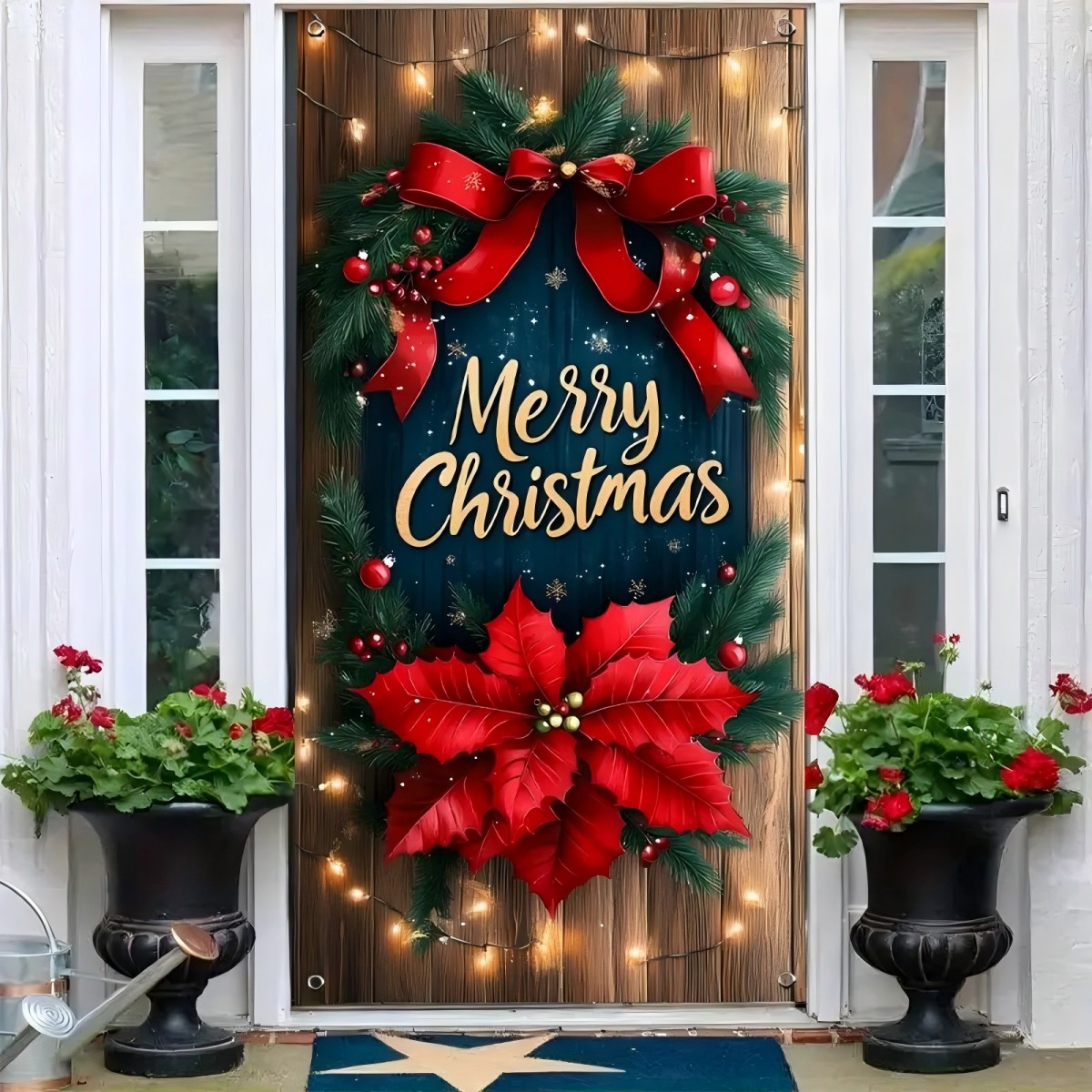 Tegooe Festive Christmas Door Cover Banner - Wood Grain Wreath Red Poinsettia Polyester Holiday Decoration Photo Backgroun...