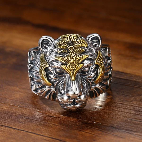 Sterling Silver Tiger Head Amulet Ring & Necklace
