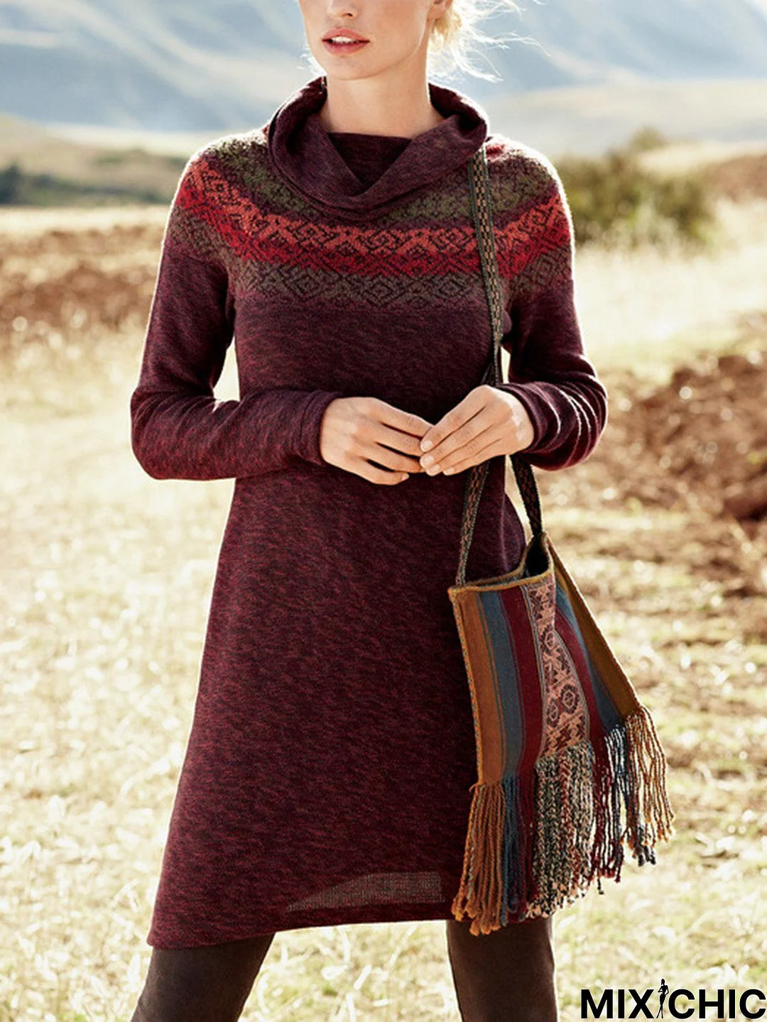 Cowl Neck Wool/knitting Color Block Tight Causal Dress