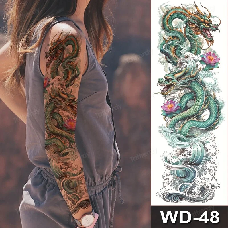 Sdrawing Size Leg Thigh Temporary Tattoo Stickers Full Arm Sleeve Wolf Carp Fox Peony Flower Fake Tattoo Sleeves Sexy Body Painting