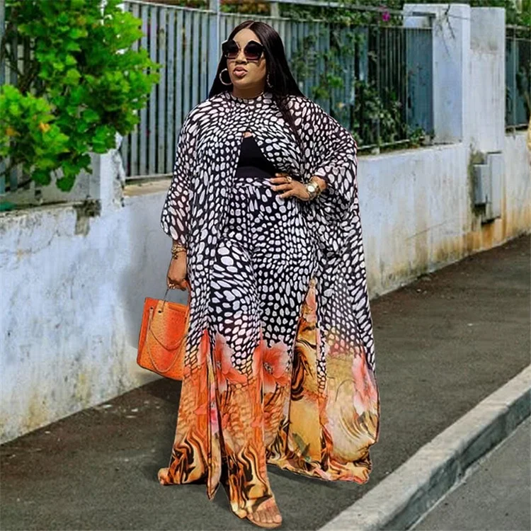 African Americans fashion QFY Plus Size Women Clothing Two Piece Set African Dashiki Print Outfits Chiffon Long Dress Pants Suit Robe Femme Africaine 2022 Ankara Style QueenFunky