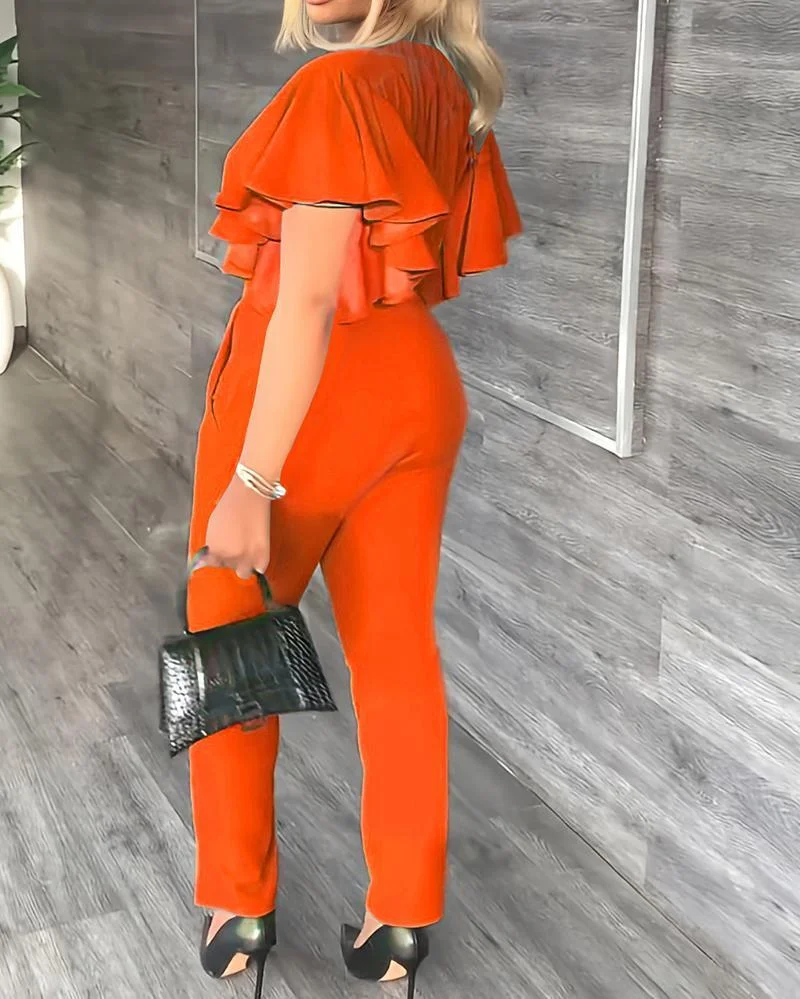 Solid Color Two Piece Suit with Deep V Ruffle Sleeves