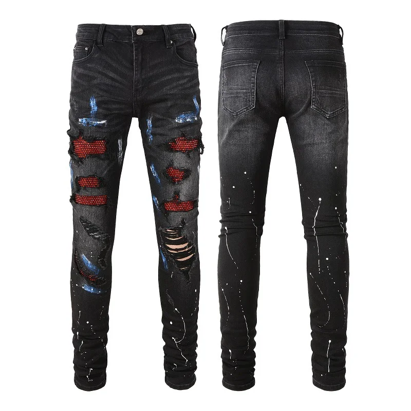 Men's High Street Ripped Patch Red Diamond Elastic Retro Boys Jeans