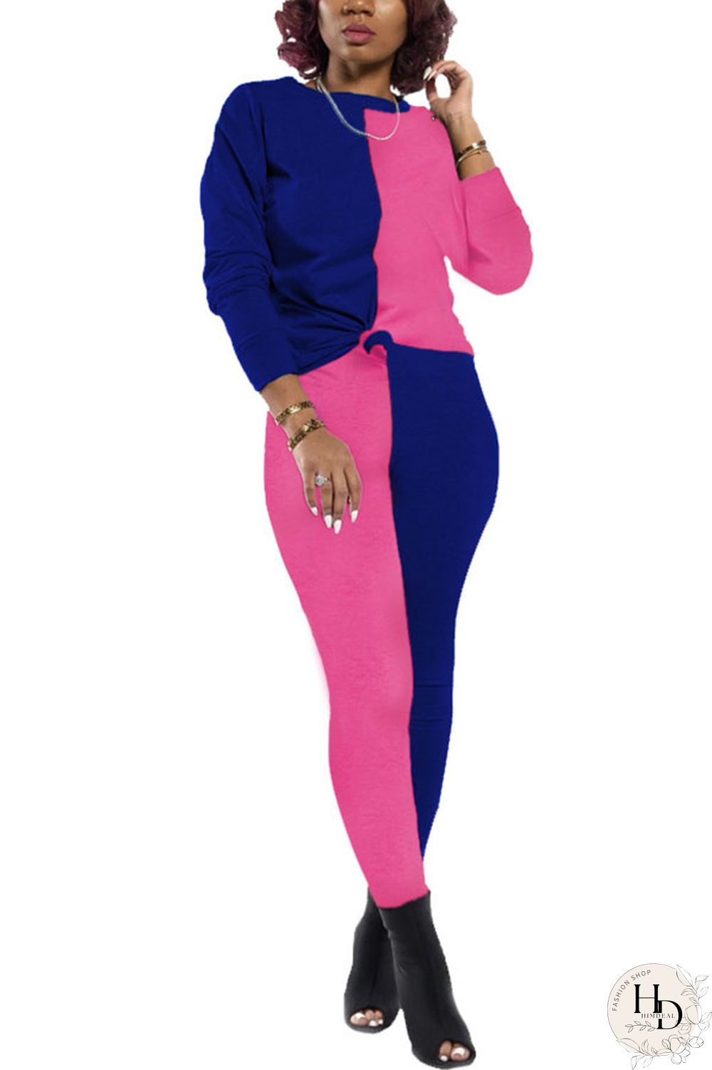 rose red and blue Polyester Sexy Patchwork Solid pencil Long Sleeve Two Pieces