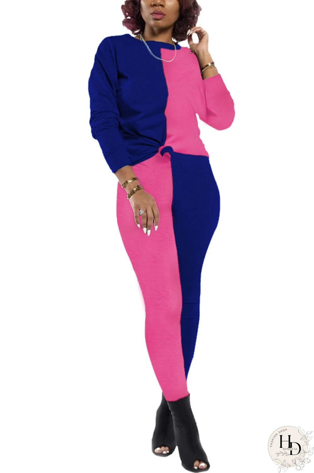 rose red and blue Polyester Sexy Patchwork Solid pencil Long Sleeve Two Pieces