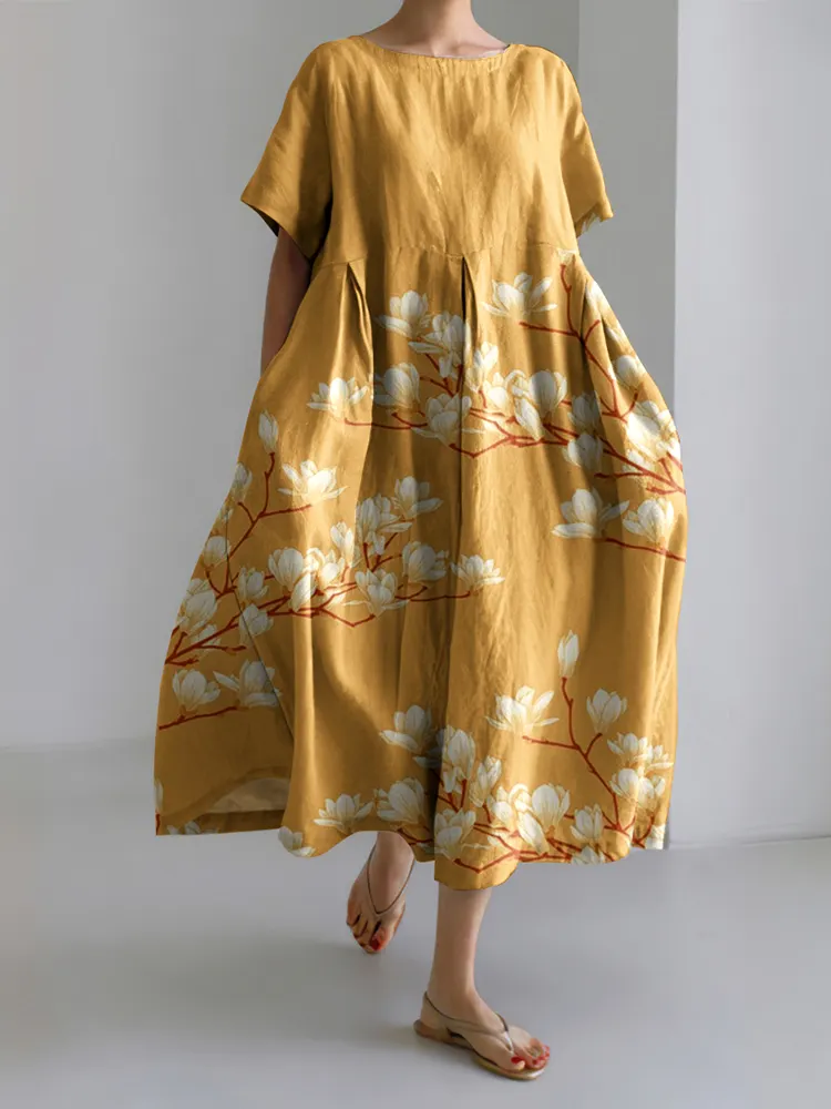 Vintage Japanese Magnolia Flower Art Print Linen Maxi Dress