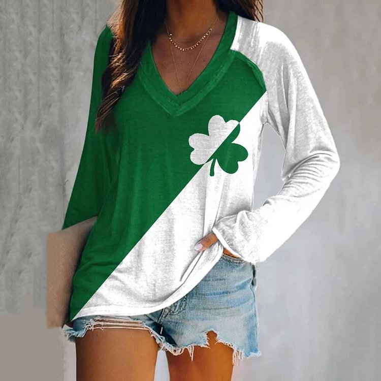 Comstylish St. Patrick's Day Contrasting Color Clover Long Sleeve T-Shirt