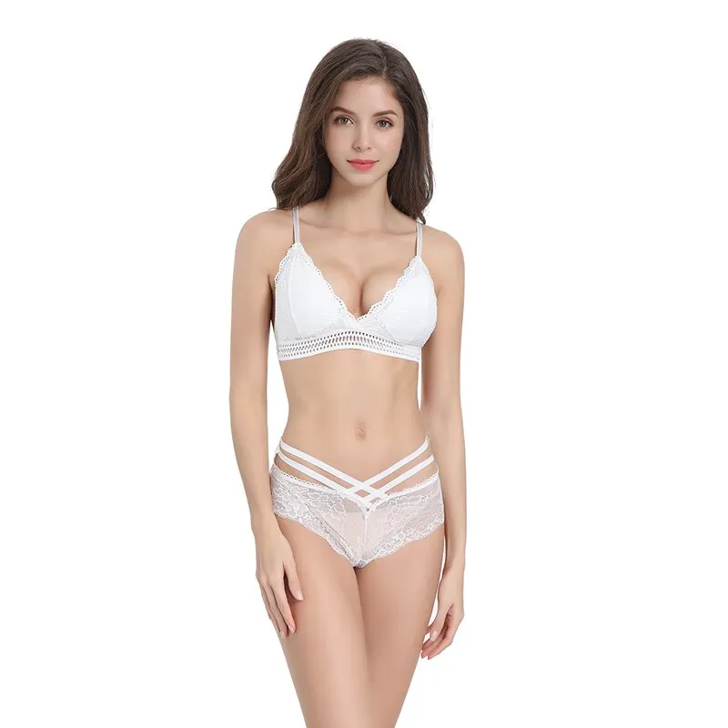 Sexy Bra and Panty Set Lace Seamless Push Up Underwear Briefs Women Wireless Deep V Lace Soft Lingerie French Style Bra Set
