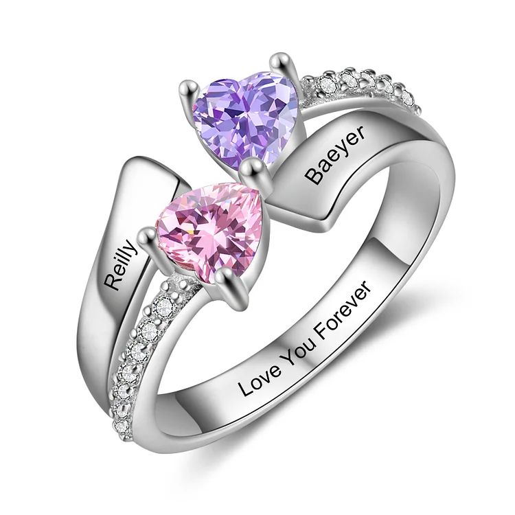 Personalized Heart Ring Custom 2 Birthstones Family Ring for Her