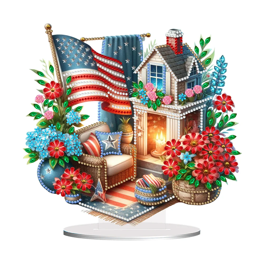 DIY American Flag House Special Shape Diamond Painting Desktop Home Ornament