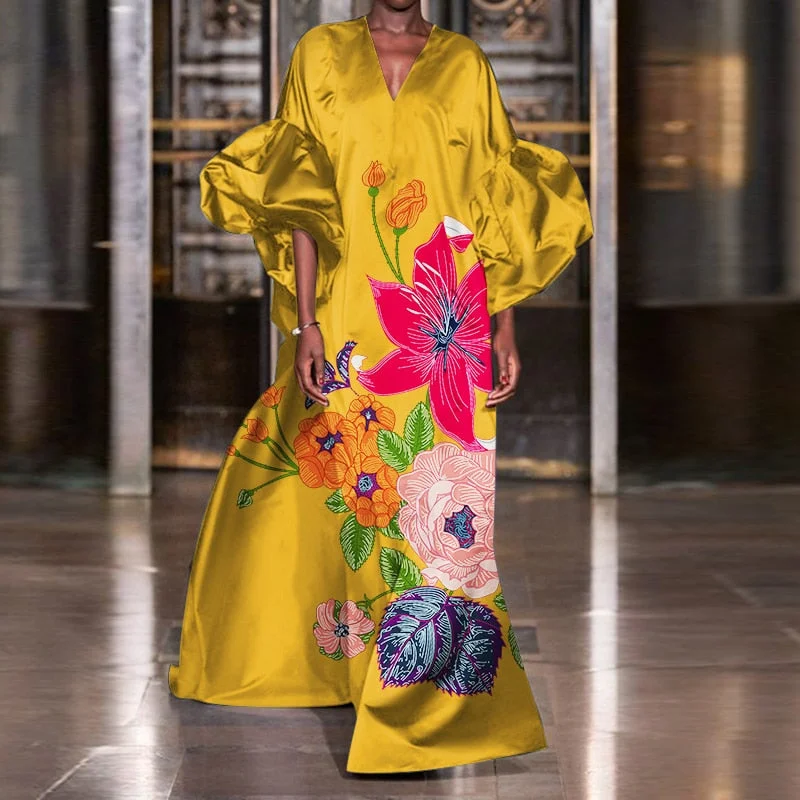 VONDA 2022 Summer Women Lantern Sleeve Dress Bohemian Vestidos Loose Solid V Neck Spring Party Sundress Satin Silk Robe Oversize