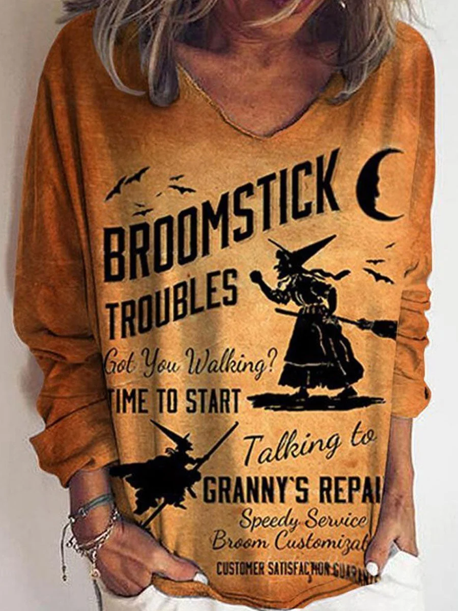 Halloween Witch Print Long Sleeve V-neck T-shirt