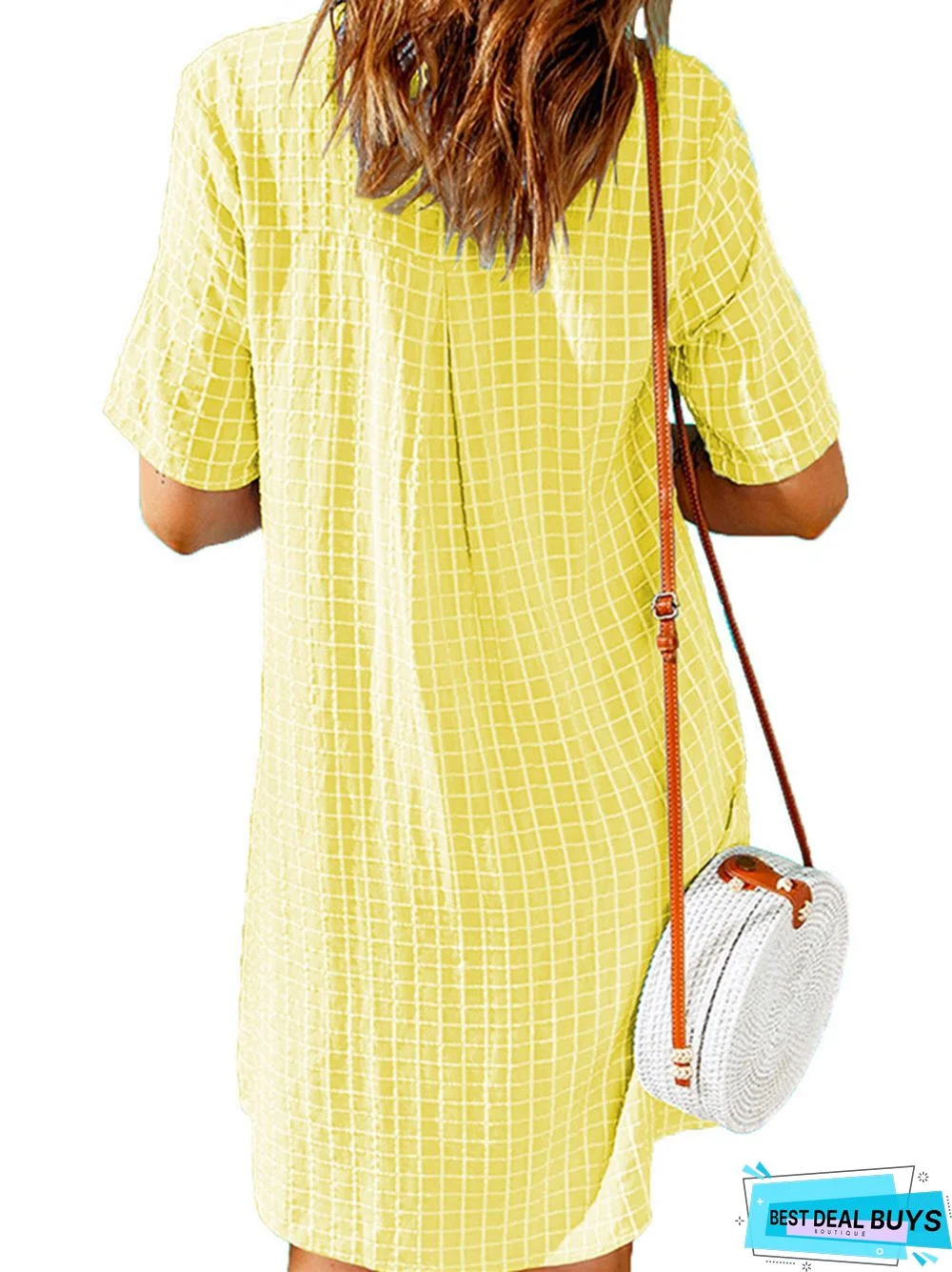 Women's Casual Shirt Short Skirt Lapel Plaid Loose Short Sleeve Dress White Dress