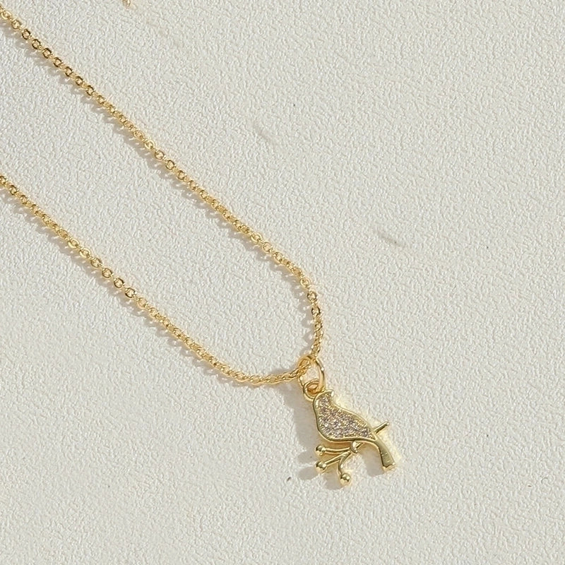 Copper 14K Gold Plated Vintage Style Minimalist Lips Heart Shape Bird Hollow Out Inlay Zircon Pendant Necklace