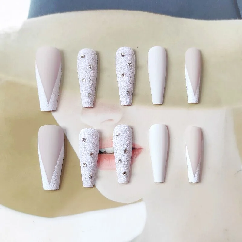 24pcs/Set French Fake Nails Extra Long Rhinestone Decal V Shaped Matte False Nails with Glue Acrylic Ballet Nail Makeup Tips-Nail Inspo