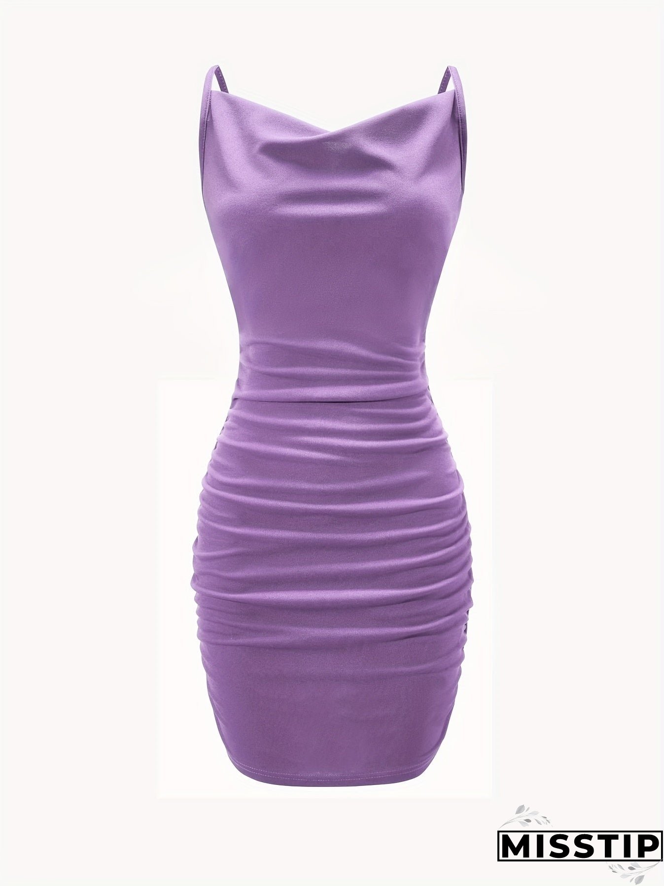 Solid Cowl Neck Mini Dress, Ruched Side Body Con Cami Dress , Women's Clothings